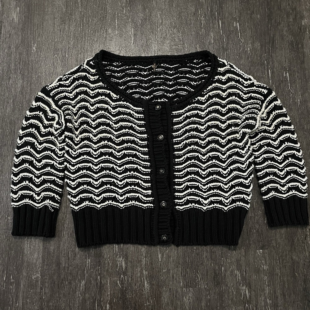 Maria Pino Cardigan Women‎ Medium Black White Beaded Cropped Chunky Knit Sweater